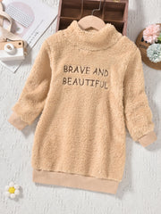 Girls Warm Fleece Dress with Letter Embroidery