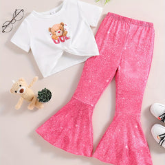 Cartoon Bear Graphic T shirt & Flared Pants Set For Kids