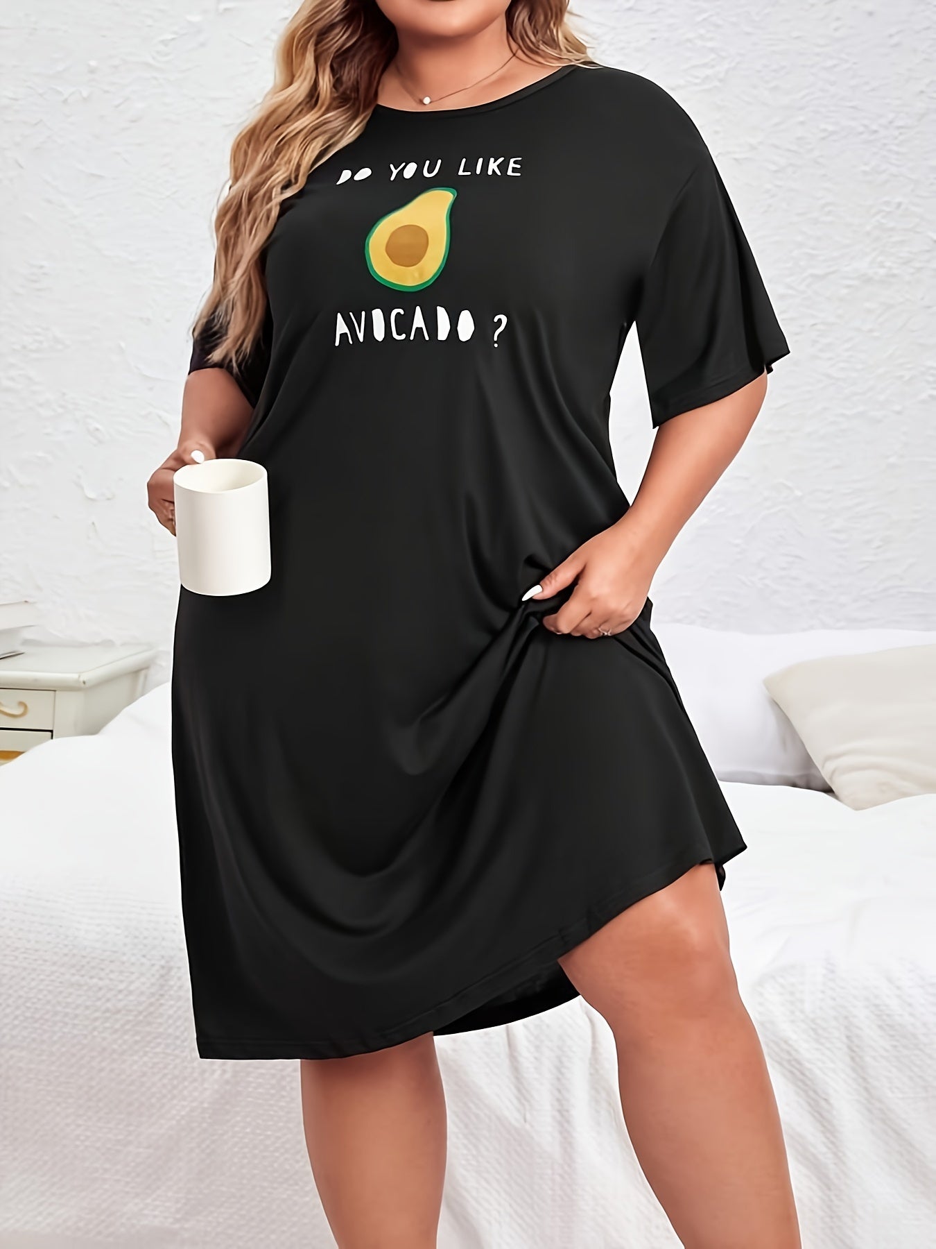 Avocado & Slogan Print Round Neck Tee Sleep Dress