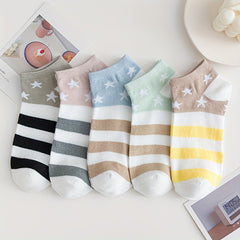 5 Pairs Striped & Star Print Ankle Socks Women's Stockings