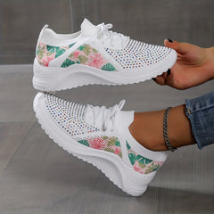 Women's Rhinestone & Leaf Decor Sneakers Lace Up Low Round Toe