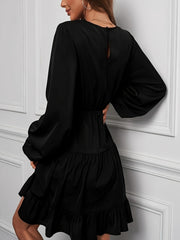 Lantern Sleeve V Neck Smock Dress