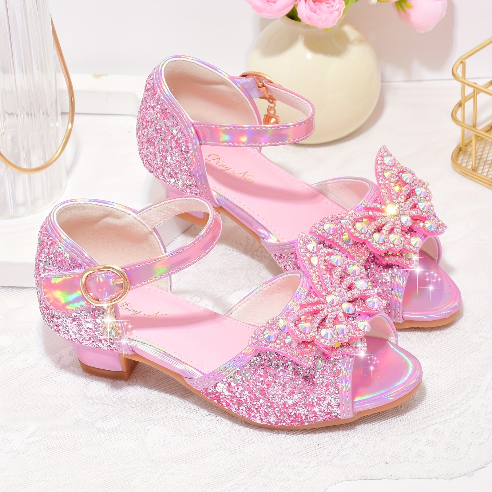 Butterfly Sequin High Heeled Sandals for Girls Lightweight Dress Shoes