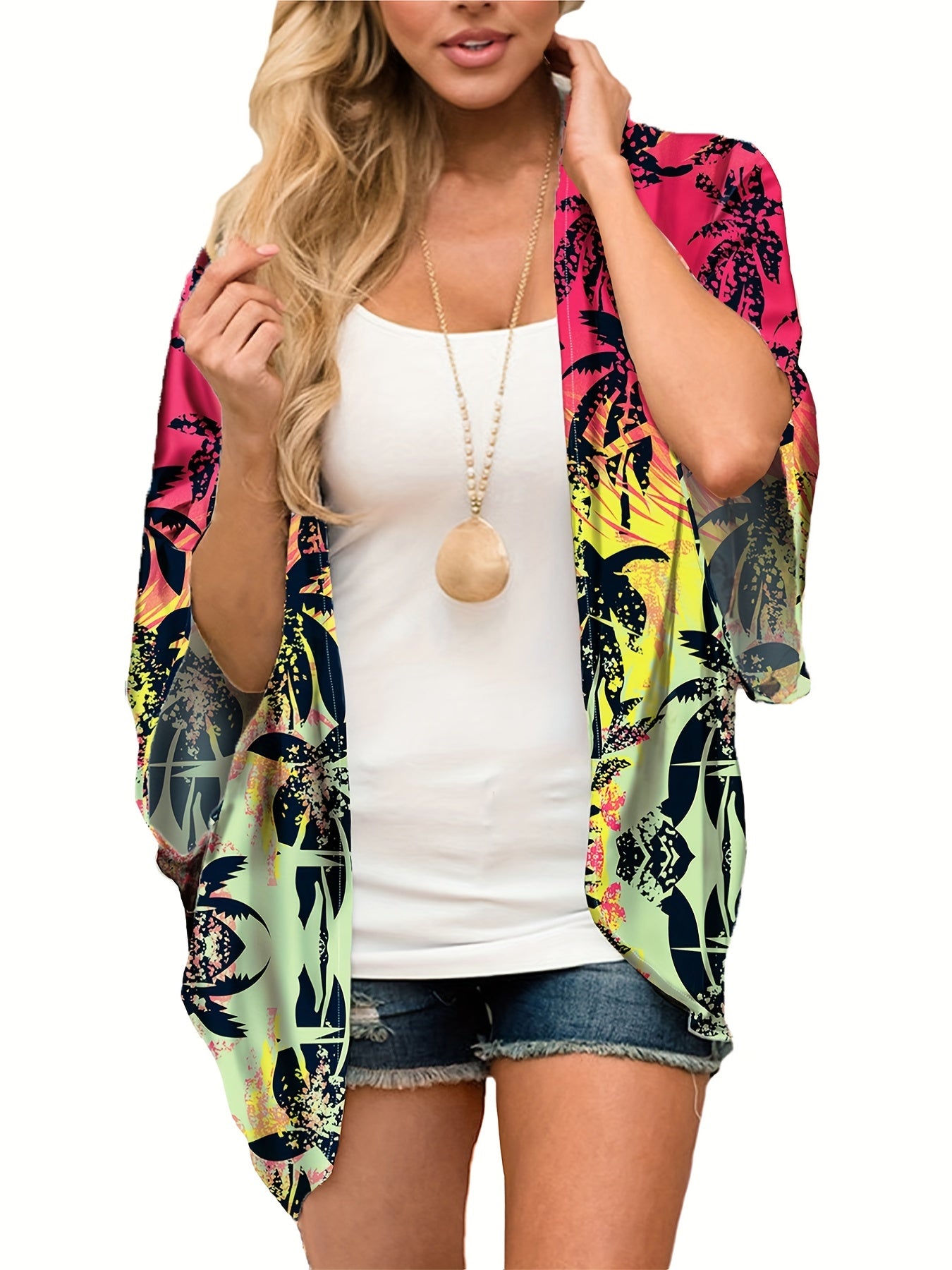 V Neck Print Cover Up Shirt Loose Fit Kimono