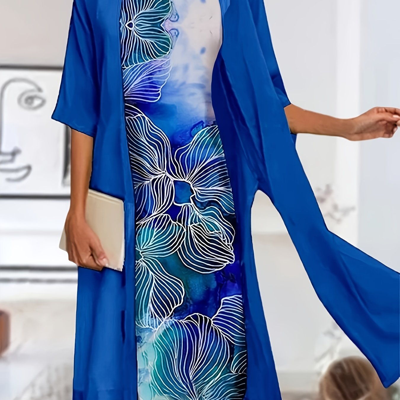 2 Piece Set Women's Solid Sleeve Cardigan & Floral Print Tank Dress