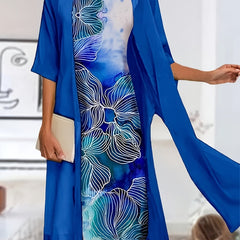 2 Piece Set Women's Solid Sleeve Cardigan & Floral Print Tank Dress