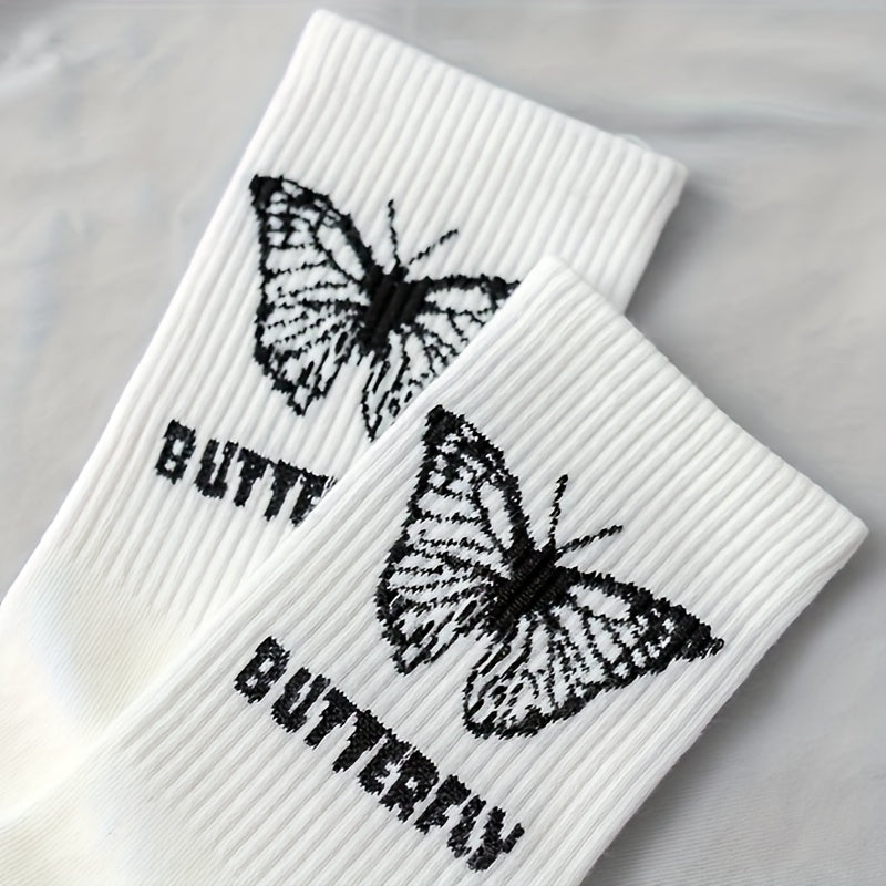 6 Pairs Butterfly Print Ribbed Socks Women's Mid Tube Stockings