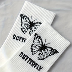 6 Pairs Butterfly Print Ribbed Socks Women's Mid Tube Stockings