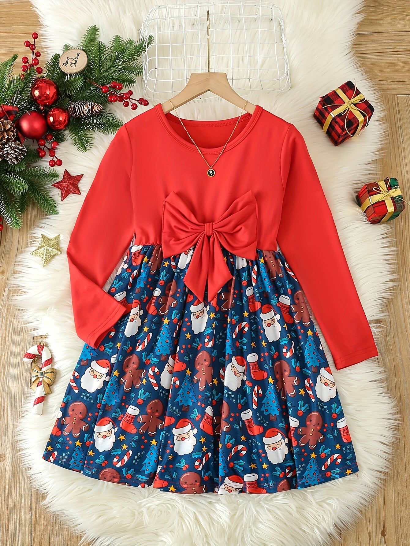 Girls Santa Graphic Long Sleeve Dress with Bow Belt