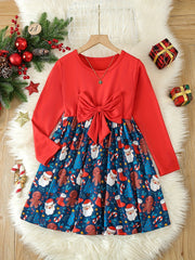 Girls Santa Graphic Long Sleeve Dress with Bow Belt