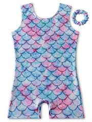 Girls Sweet Fish Scale Pattern Sleeveless Gymnastics Dancing Suit