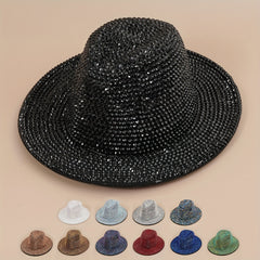 Rhinestone Cowboy Fedora Cap Wide Brim Jazz Hat Couple Felt Hat