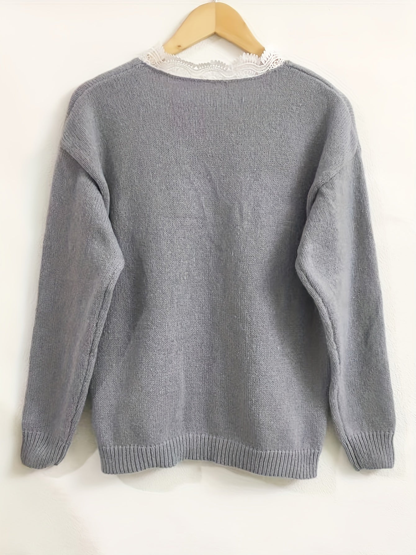 Plant Print Lace Trim V Neck Pullover Sweater for Women