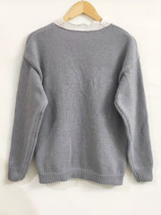 Plant Print Lace Trim V Neck Pullover Sweater for Women