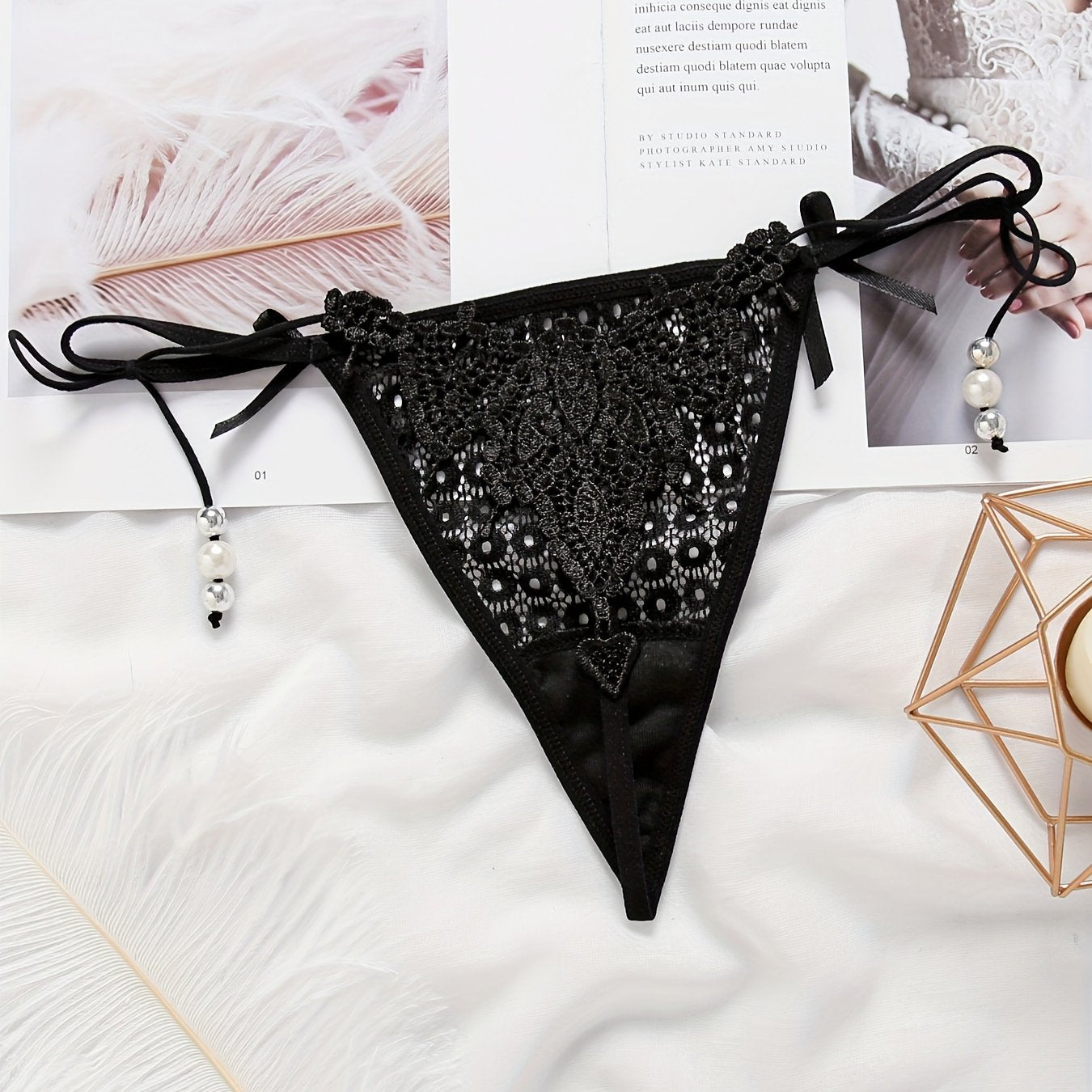 Sexy Jacquard Mesh Strappy Thongs with Pendant Decor