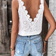 Floral Eyelet Lace Tank Top V Neck Sleeveless Summer Top