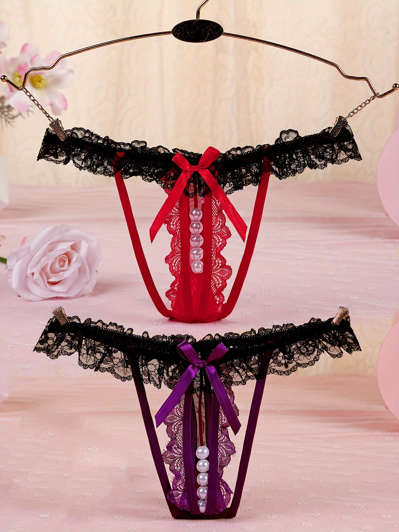 Floral Lace Thongs with Faux Pearl Bow Tie Panties