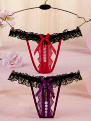 Floral Lace Thongs with Faux Pearl Bow Tie Panties