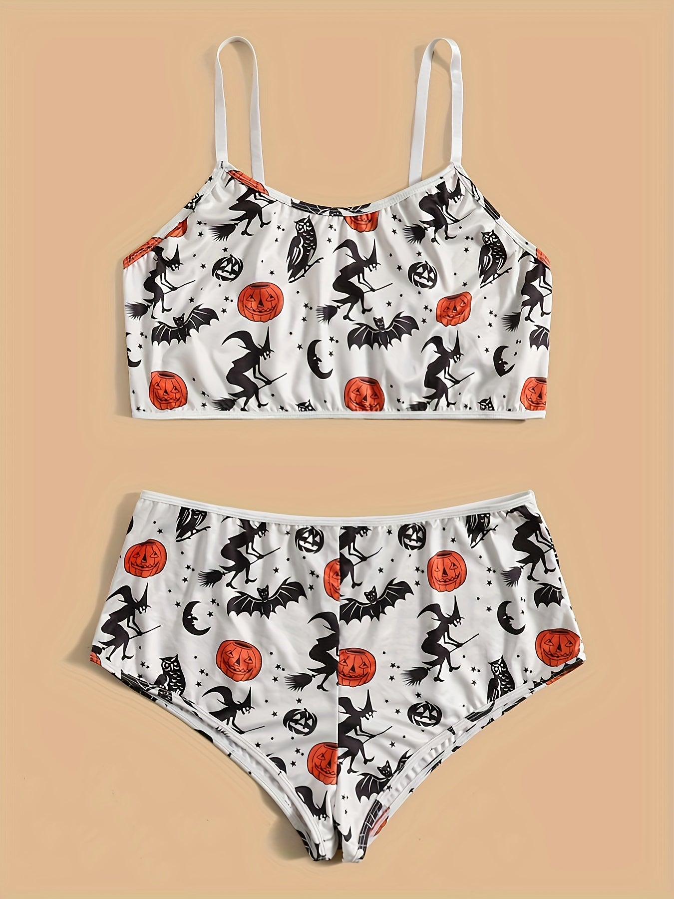 Witch & Bat Print Round Neck Bra & Panty Gothic Lingerie Set