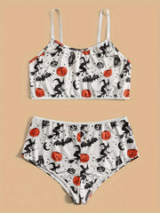 Witch & Bat Print Round Neck Bra & Panty Gothic Lingerie Set