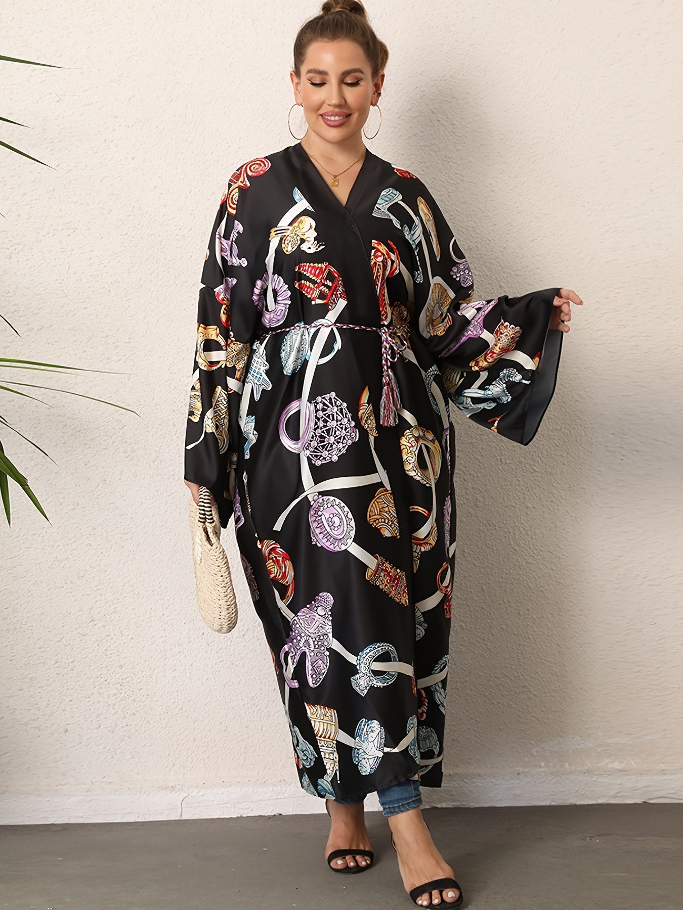 Chain Print Kimono Long Sleeve Beach Cover-Up