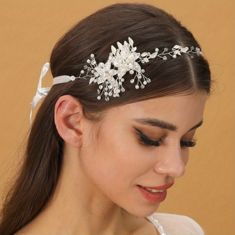 Crystal Faux Pearl Headband Tiara Golden Rhinestone Flower Hairband