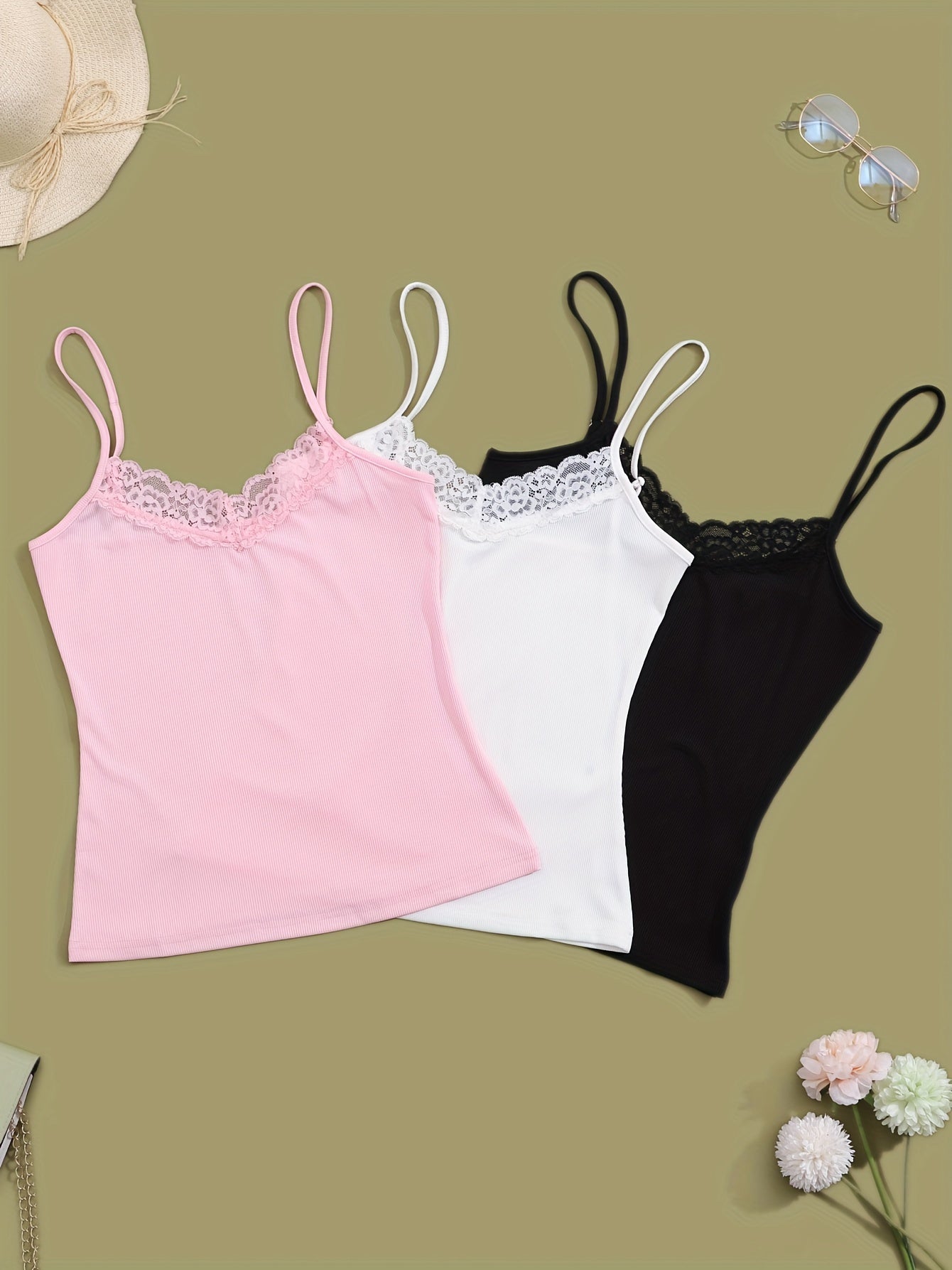 3pcs Lace V Neck Cami Top Lounge Tops