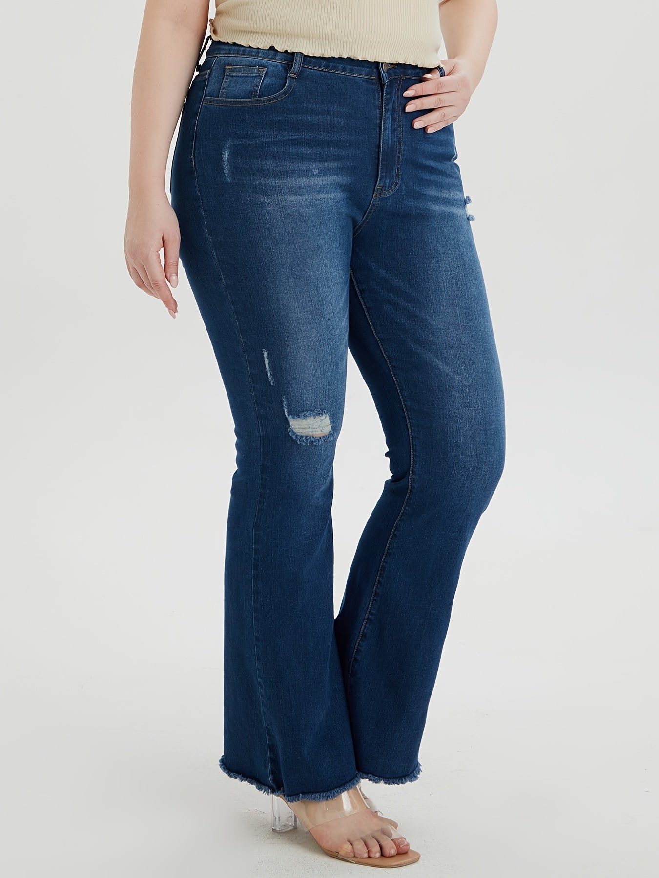 Plus Size Ripped Button Fly Flared Leg Jeans