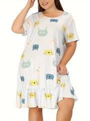 Colorful Cat Print Nightdress with Ruffle Trim
