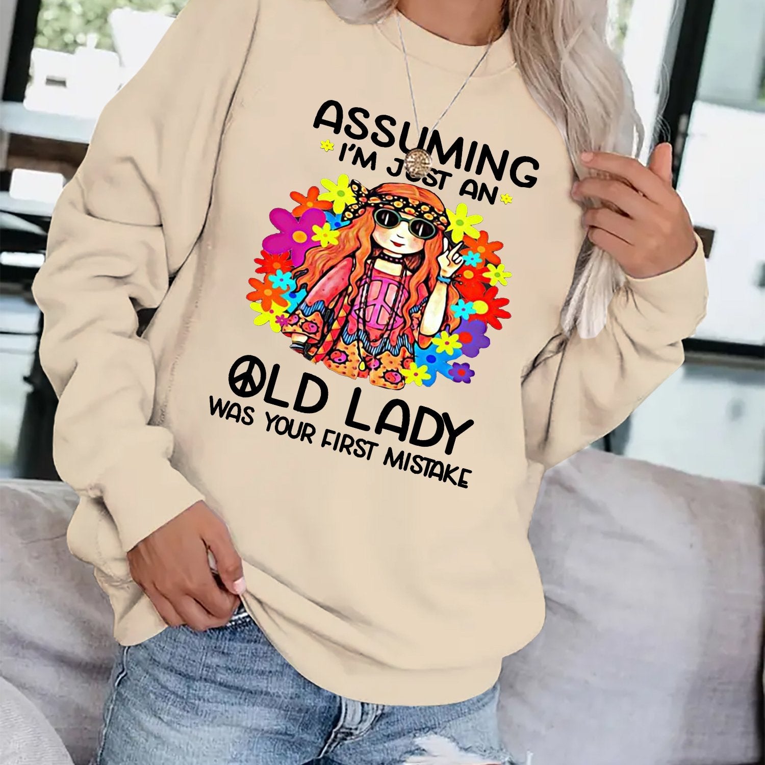 Girl & Letter Print Pullover Sweatshirt Casual Drops Shoulder