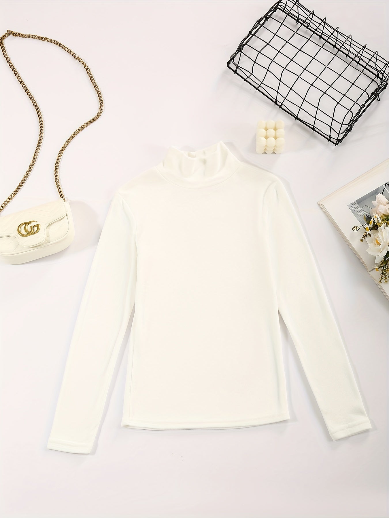 3pcs Solid High Neck Elastic Long Sleeve Tops for Women