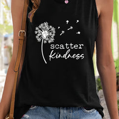 Dandelion & Letter Print Sleeveless Sports Vest Round Neck Casual Tops