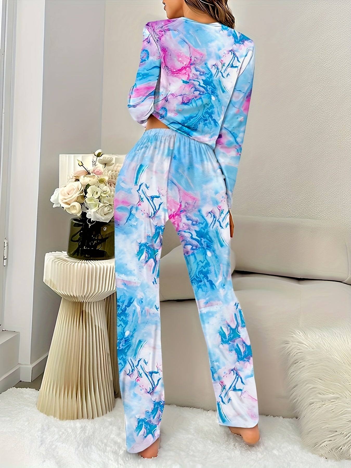 Colorblock Print Pajama Set Long Sleeve Crew Neck Top & Elastic Waistband Pants