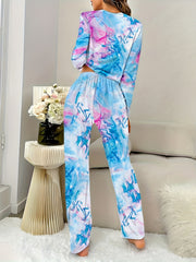 Colorblock Print Pajama Set Long Sleeve Crew Neck Top & Elastic Waistband Pants