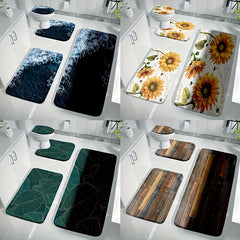 4pcs Velvet Sponge Bath Mat Set Leaves Flowers Sea Waves Wooden Board Pattern