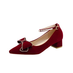 Faux Pearl Bow Ankle Strap Chunky Heel Wedding Shoes