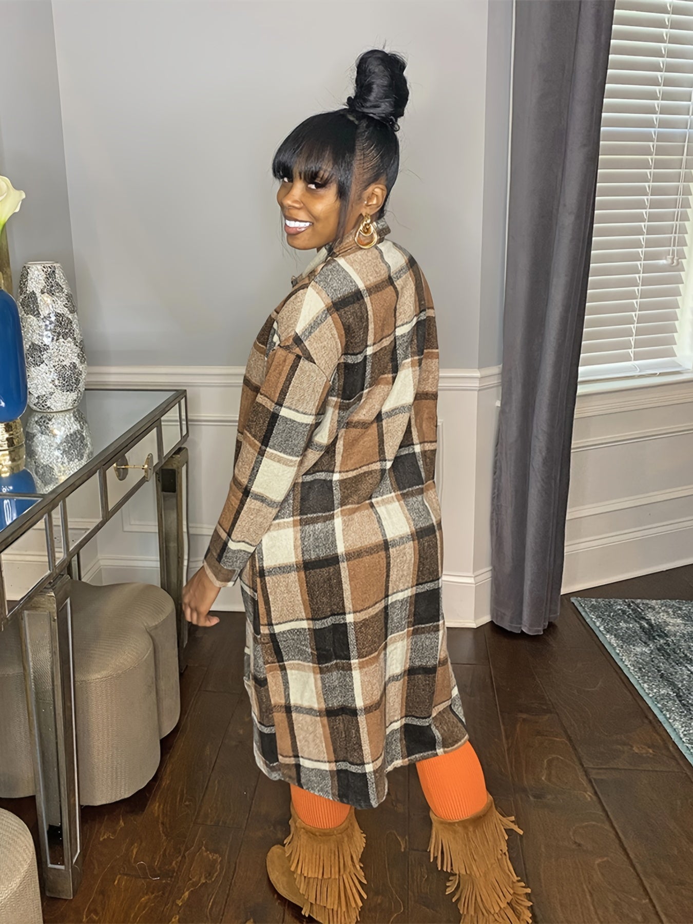 Oversized Plaid Shirt Jacket Long Sleeve Button Up Casual Shacket