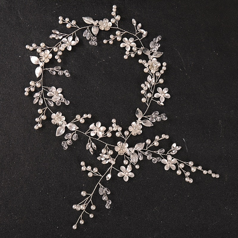 Long Flower Bridal Headbands Golden Silver Faux Pearl Crystal Hair Vines