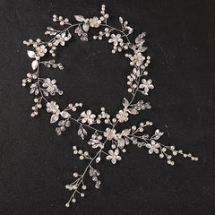 Long Flower Bridal Headbands Golden Silver Faux Pearl Crystal Hair Vines