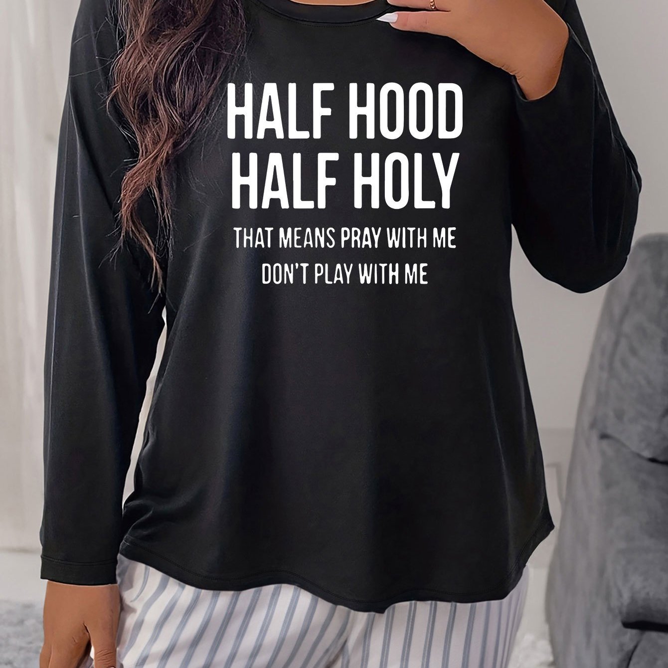 Women's Plus Size Letter Graphic Long Sleeve Round Neck Sleepwear T-shirt