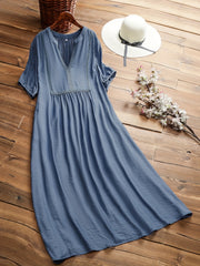 Contrast Lace Panel Short Sleeve Pleated Dress With Pockets