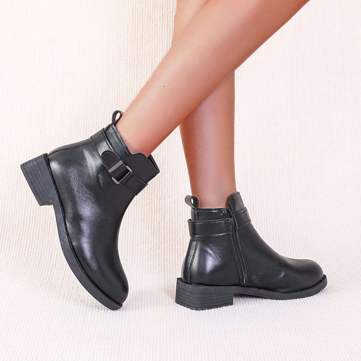 Solid Round Toe Combat Boots Zipper Buckle Short Tube Chelsea Boots