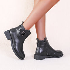 Solid Round Toe Combat Boots Zipper Buckle Short Tube Chelsea Boots