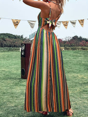 Striped Cut Out Cami Dress Ethnic Sleeveless Aline Maxi Length Dress