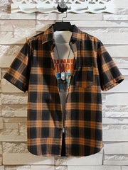 Plaid Print Men's Short Sleeve Shirt with Chest Pocket