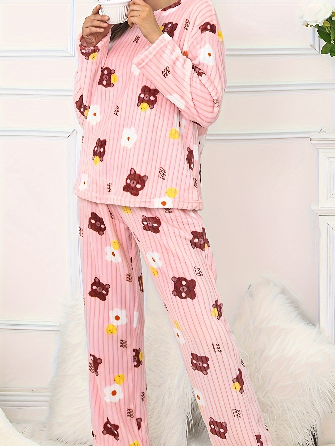 Bear & Floral & Stripe Print Pajamas Set Long Sleeve Round Neck Plush