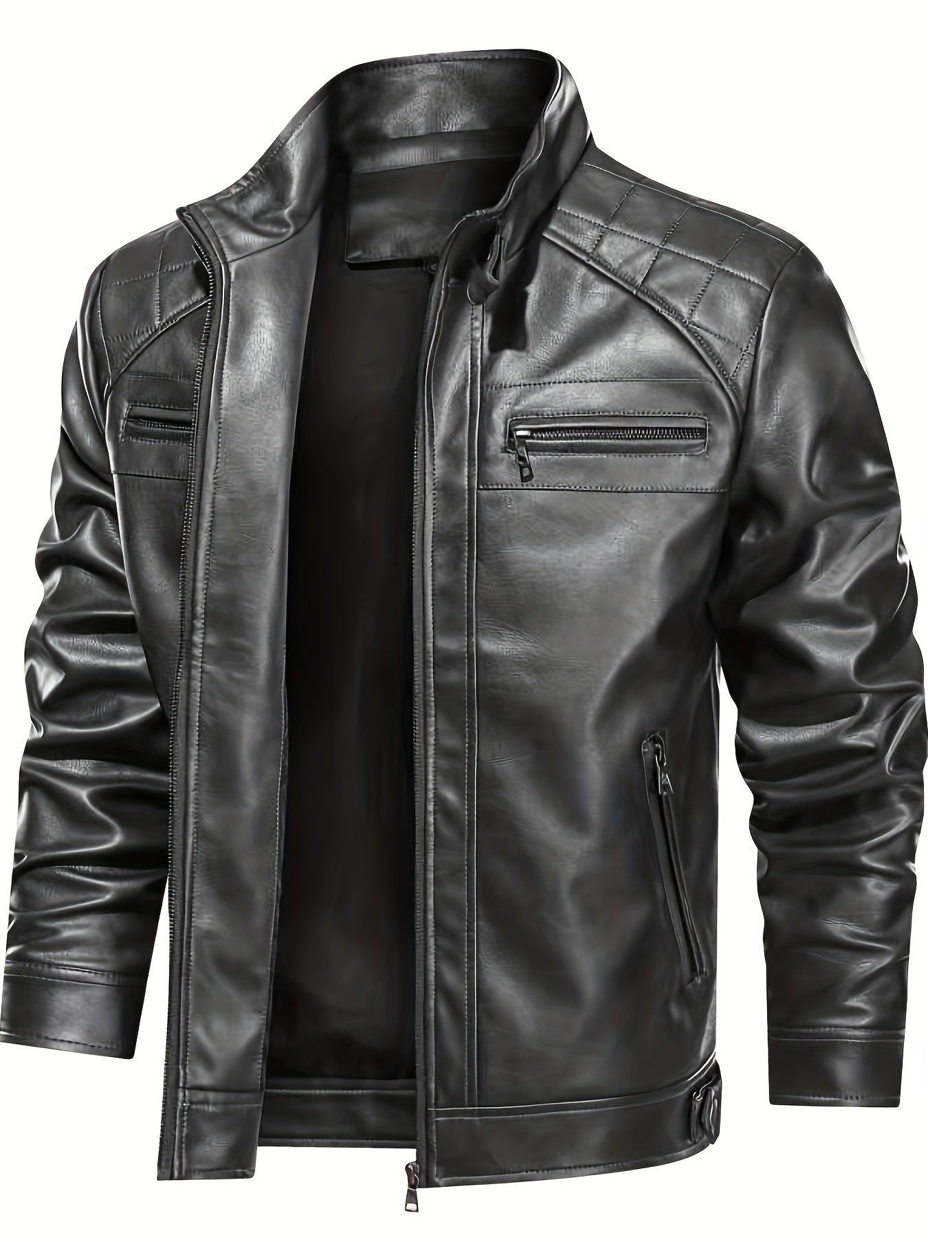 Men's Solid PU Zip Jacket Stand Collar