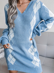 Argyle Print Casual Sweater Dress Long Sleeve V Neck