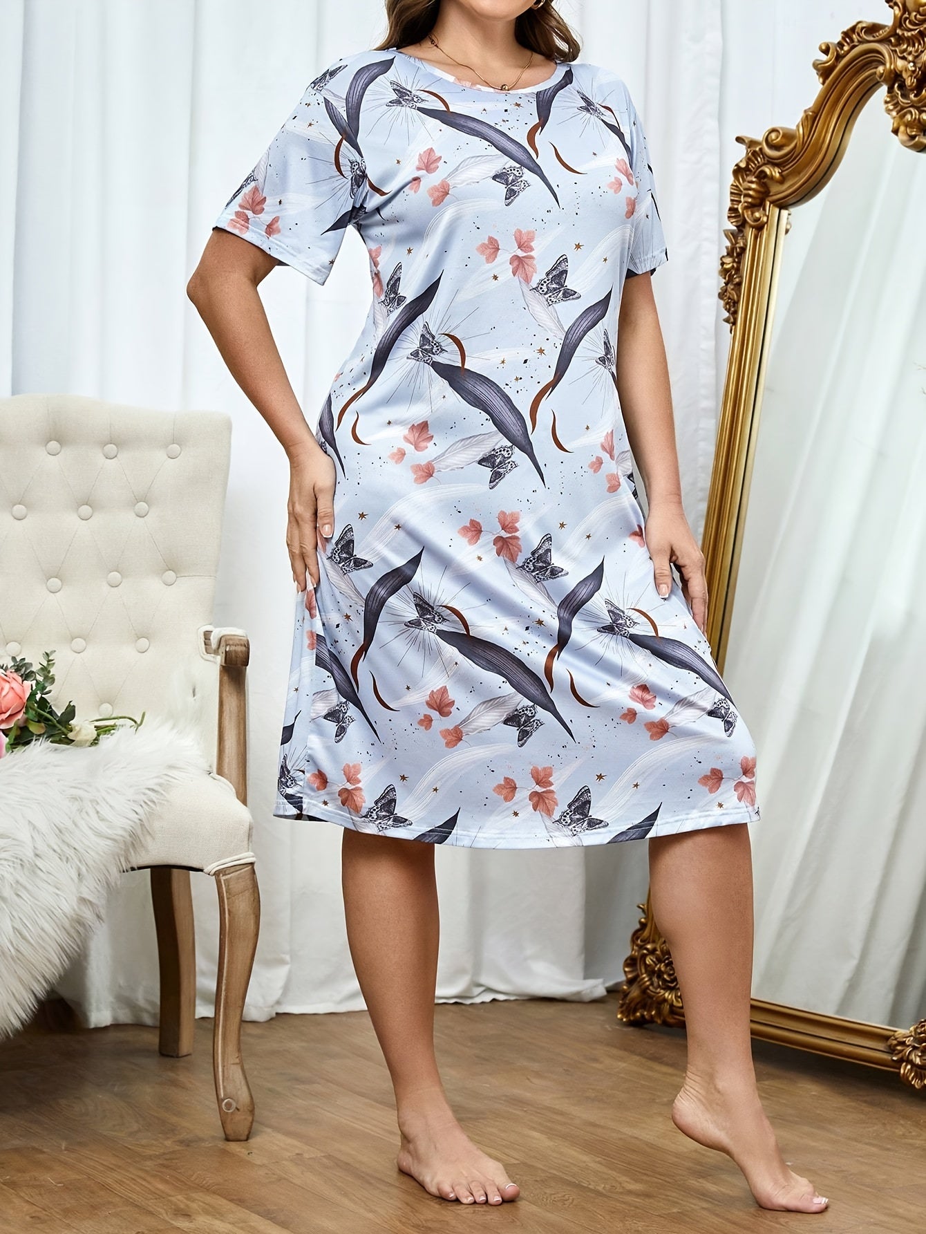 Retro Nightdress Women's Butterfly & Leaf Print Tee Sleep Dress