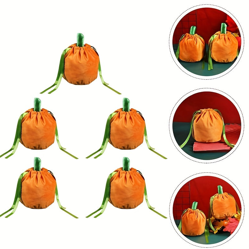 5pcs Pumpkin Candy Bag Halloween Drawstring Gift Bag Velvet Trick Or Treat Bag